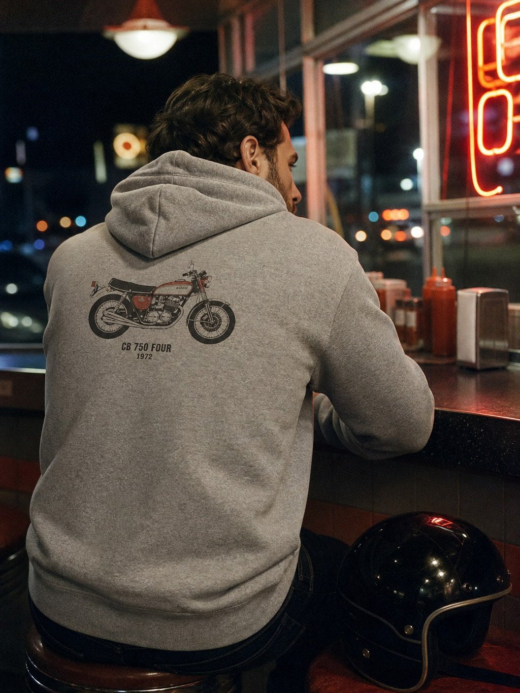 Helmet on the stool, coffee on the counter