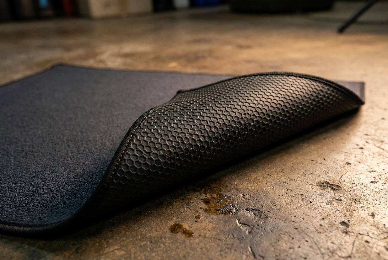 Mat underside: honeycomb rubber and stitched binding